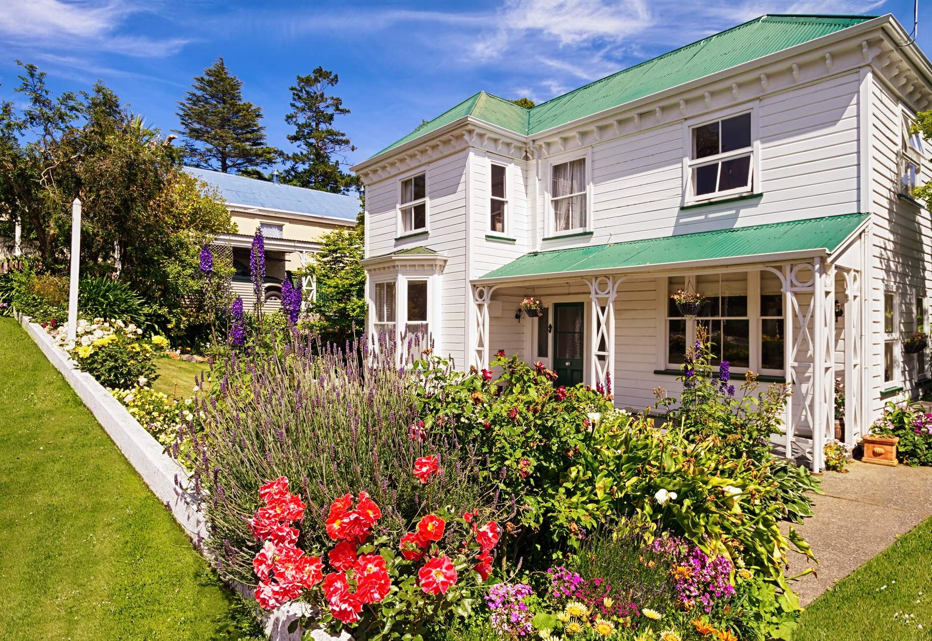 A two-storey white weatherboard villa with a green roof, a bay window and a fretwork verandah, behind a garden of roses, lavender and delphiniums